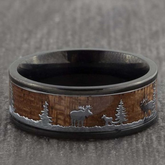 Oliver Black Tungsten Men's Ring; Wood Inlay; Moose Sillouette - Atlers-Trees - Picture 4 of 6